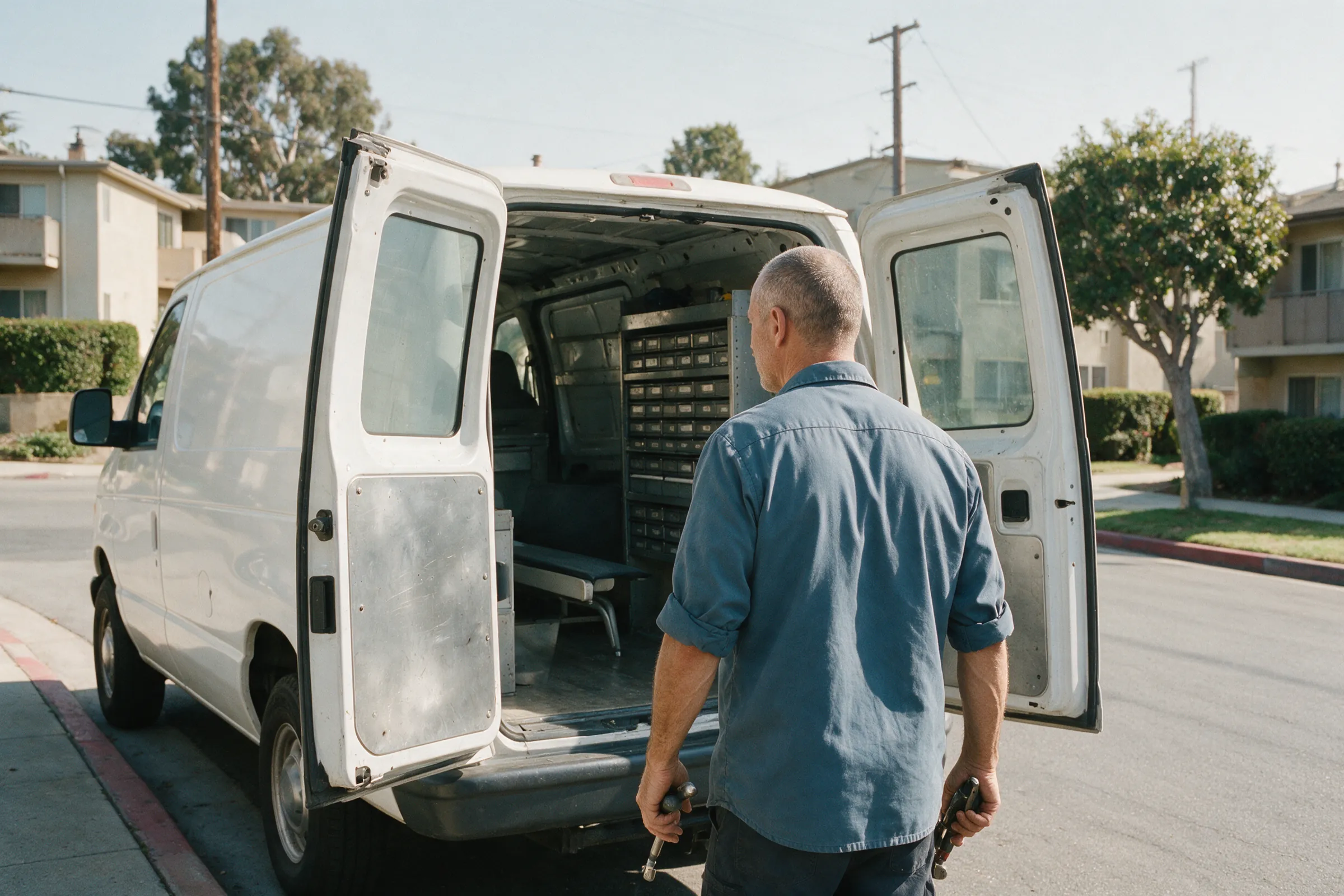 Baylands Lock & Access van on a Sunnyvale street with the rear doors open